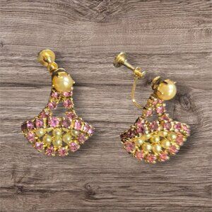 Vintage Screw Back Earrings With Pink & Cream Rhinestones Estate Dangle